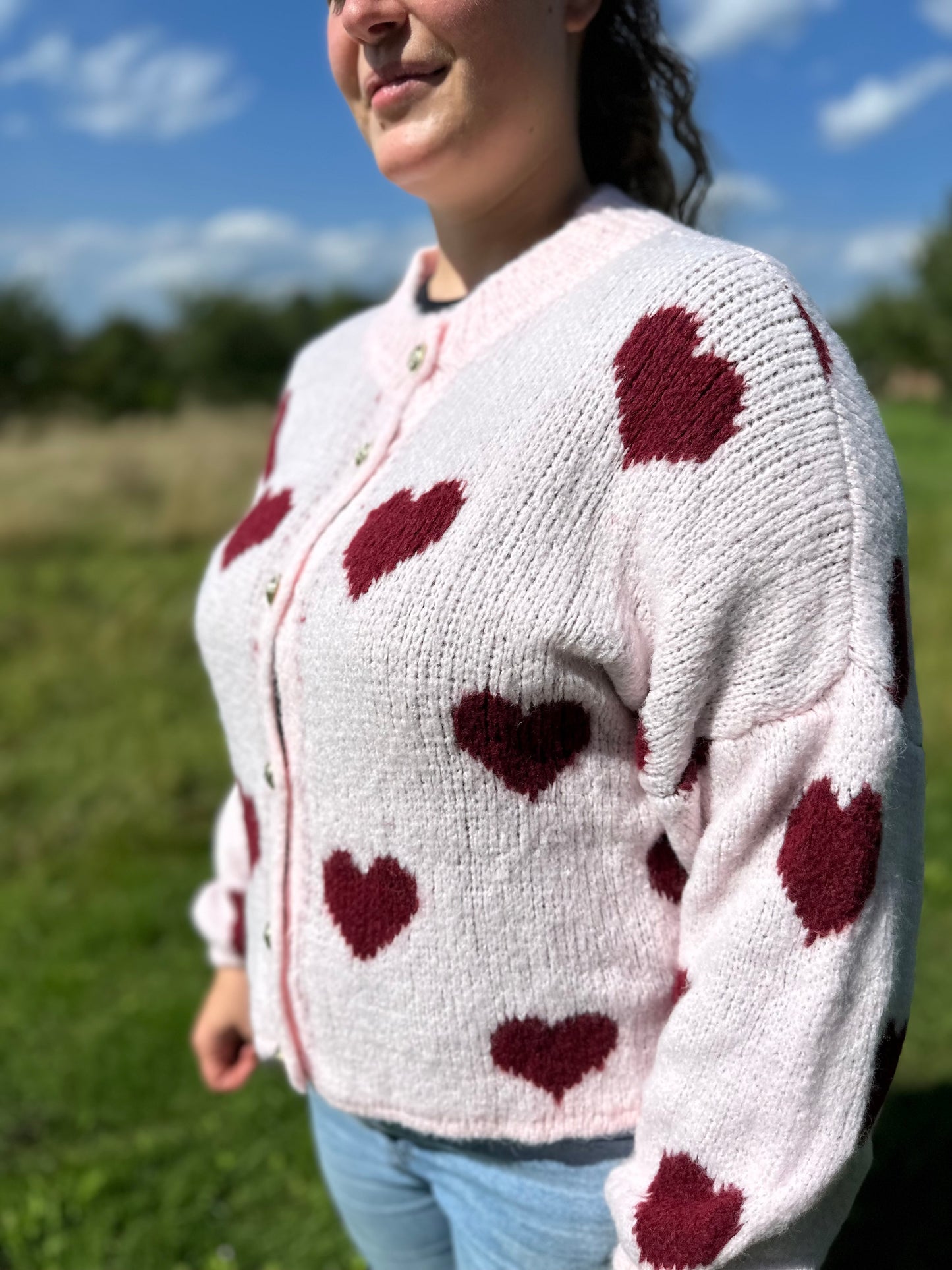 Pinker Herz Cardigan Damen – Weiche Strickjacke Oversized
