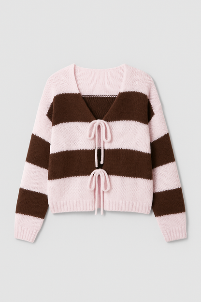 Gestreifter Cardigan Damen Rosa Braun – Kuschelige Strickjacke