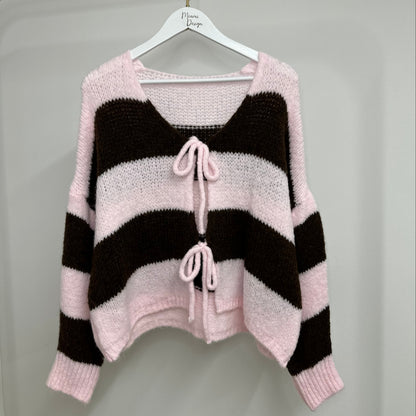 Gestreifter Cardigan Damen Rosa Braun – Kuschelige Strickjacke