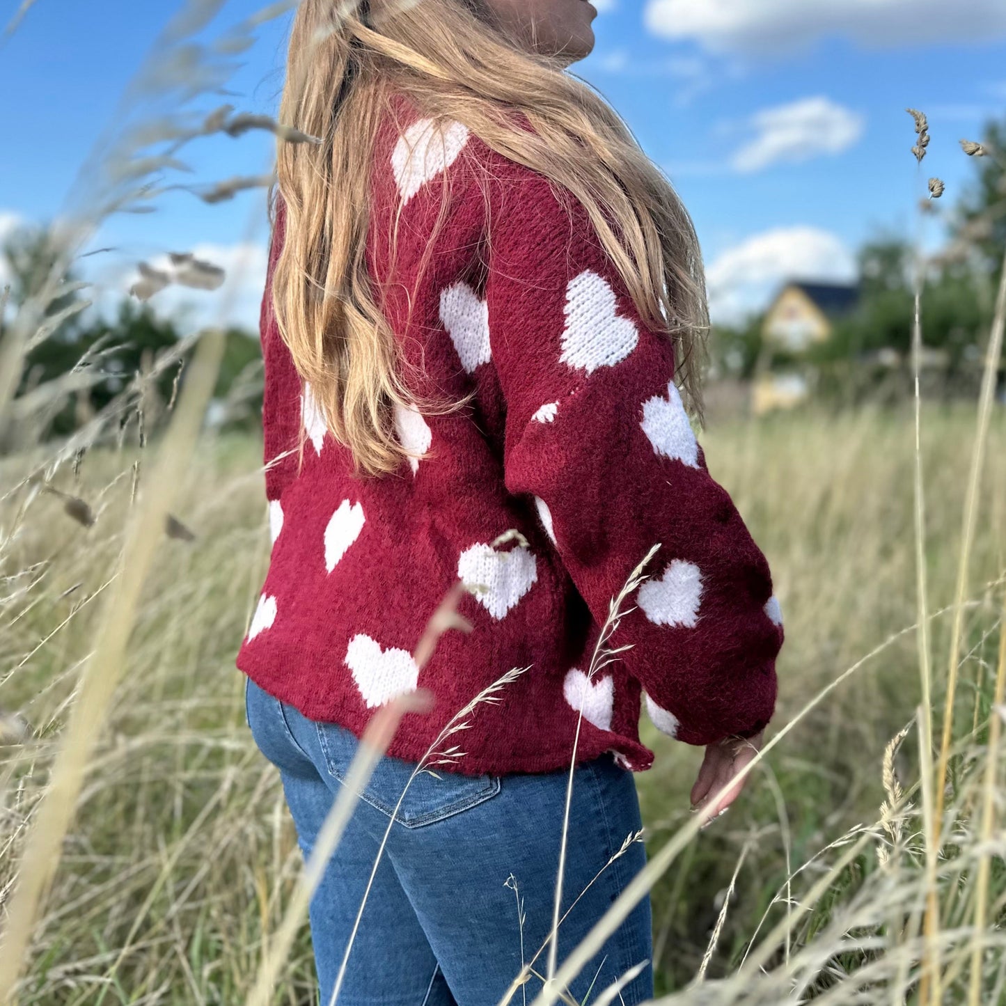 Bordeauxroter Herz Cardigan Damen – Oversized Strickjacke mit Herzmuster