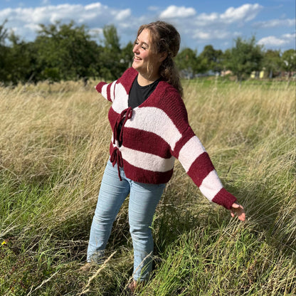 Gestreifter Cardigan Damen Bordeaux Rosa – Elegante Strickjacke Oversized