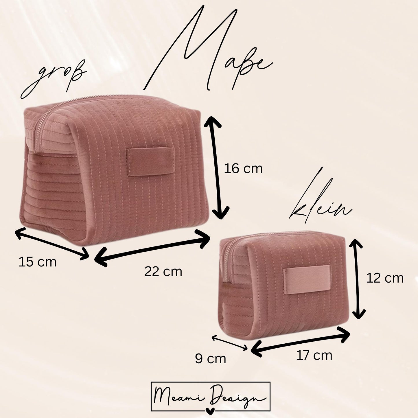 ergleich der Größen Klein und Groß für personalisierte Samt-Kulturbeutel – ideal für Handtasche oder Reise.