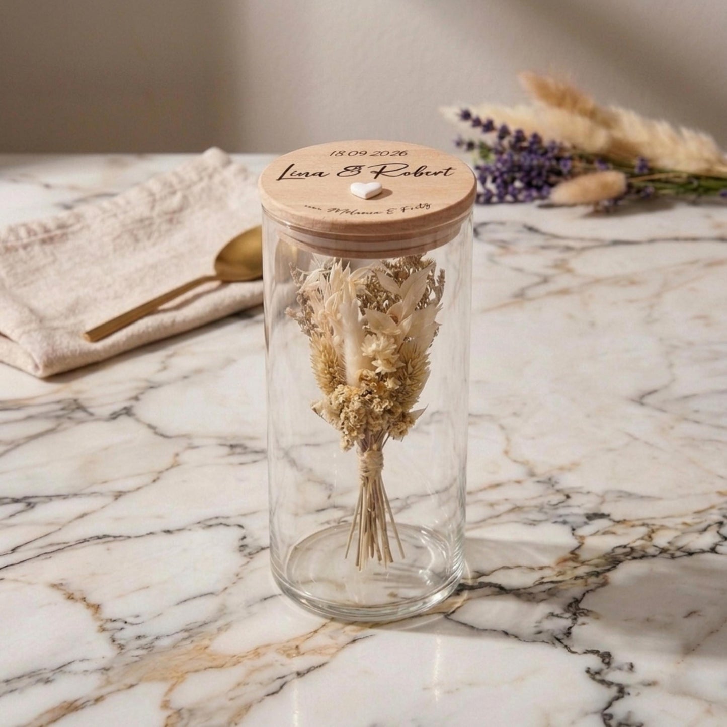 Hochzeitsgeschenk personalisiert – Vorratsglas mit Gravur – Geldgeschenk Hochzeit – Brautpaar Geschenk – Glas mit Namen & Datum