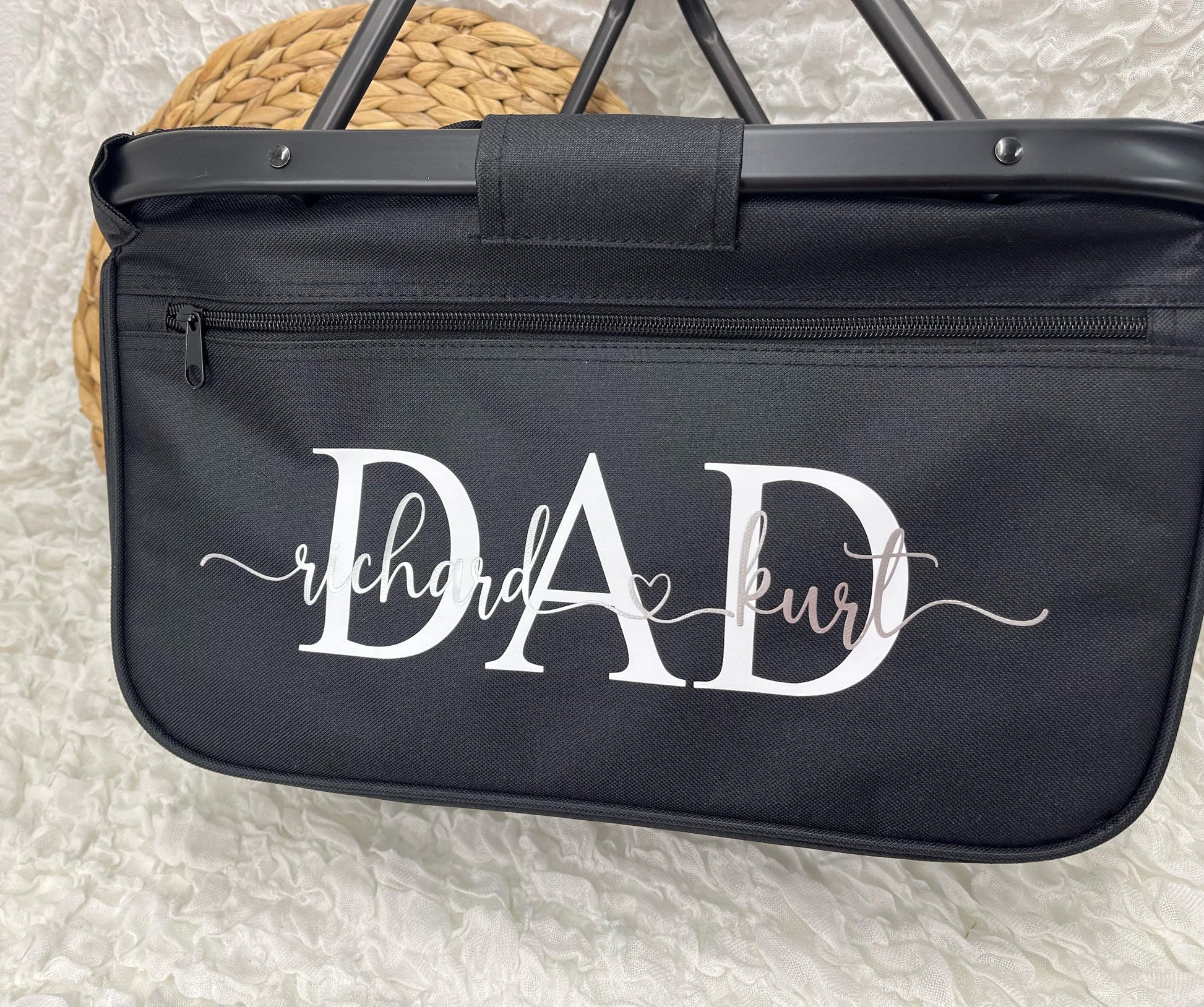 Schwarzer Korb mit schwarzem Alurahmen und der Aufschrift "DAD" in weiß& "Richard herz Kurt in Silber Metallic.