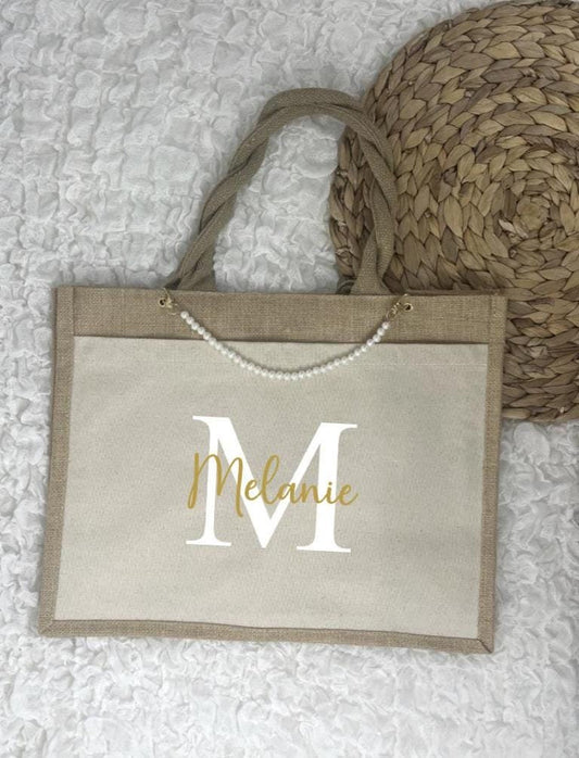 Personalisierte Jutetasche mit Perlenkette - Tasche - Name