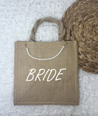 Bride Braut Jutetasche in Natur oder Schwarz mit goldener Perlenkette - Geschenk Tasche - Hochzeit - Freundin - Geschenkidee - Elegant Edel