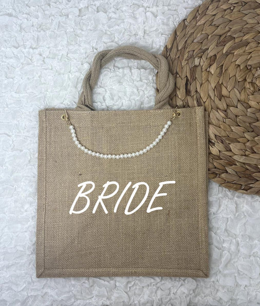 Bride Braut Jutetasche in Natur oder Schwarz mit goldener Perlenkette - Geschenk Tasche - Hochzeit - Freundin - Geschenkidee - Elegant Edel