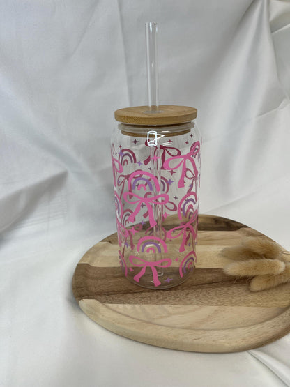 Tumbler Glas Geschenk Bow Schleife Trinkglas Girly rosa pink Rainbow Glas 20oz Trinkglas mit Strohhalm Geschenk für Sie Bambusdeckel