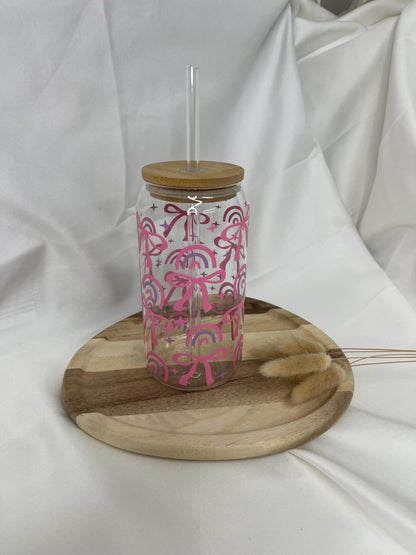 Tumbler Glas Geschenk Bow Schleife Trinkglas Girly rosa pink Rainbow Glas 20oz Trinkglas mit Strohhalm Geschenk für Sie Bambusdeckel