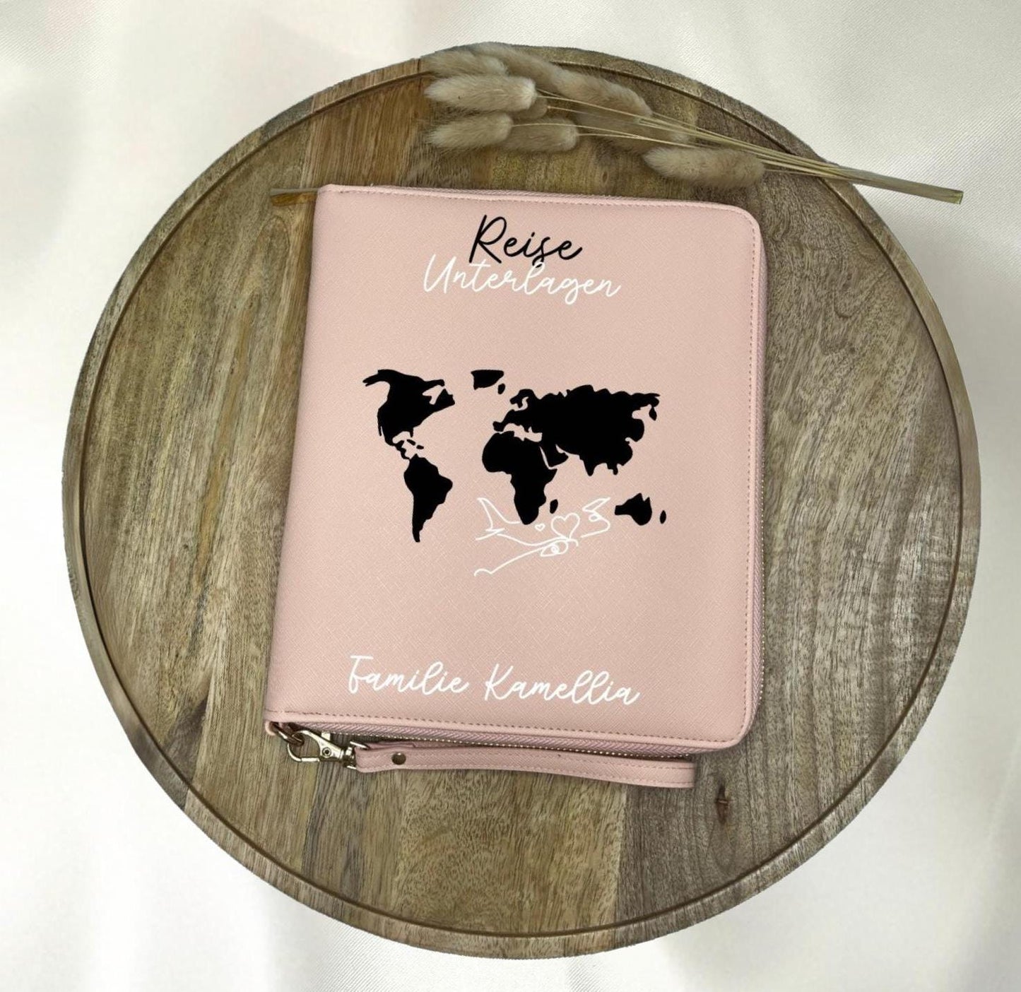 Personalisierter Reiseorganizer mit Weltkarte Namen Flugzeug Urlaub Reiseunterlagen Familienorganizer Travel Organizer Name Urlaubsort