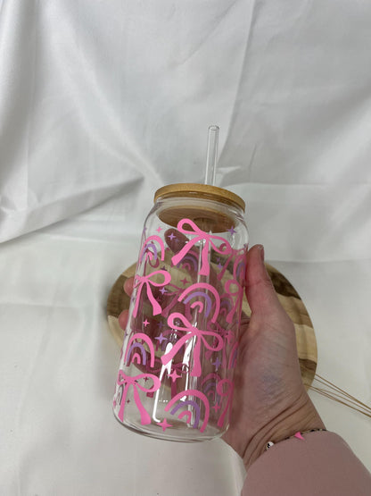 Tumbler Glas Geschenk Bow Schleife Trinkglas Girly rosa pink Rainbow Glas 20oz Trinkglas mit Strohhalm Geschenk für Sie Bambusdeckel