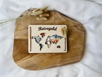 Reisekasse Reisegeschenk Reisegeld Reisegutschein Reisegeburtstagsgeschenk aus Holz Reiseaccessoire-Geschenk Reisen Geschenk aus Holz