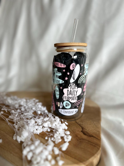 Mental Health Cup Tumbler Mom Affirmationen Trinkglas mit Bambusdeckel für Mamas Tumbler Mama Glas Geschenk 20oz Trinkglas mit Strohhalm