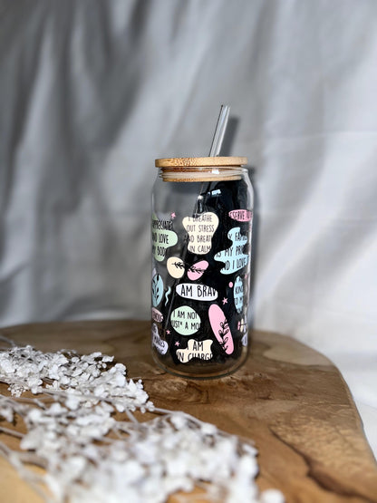Mental Health Cup Tumbler Mom Affirmationen Trinkglas mit Bambusdeckel für Mamas Tumbler Mama Glas Geschenk 20oz Trinkglas mit Strohhalm