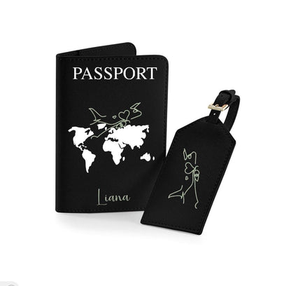 Personalisierte Reisepasshülle und Kofferanhänger mit Namen & Weltkarte Reise Geschenk Hochzeit Urlaub Honeymoon | JGA | Urlaub Accessoire