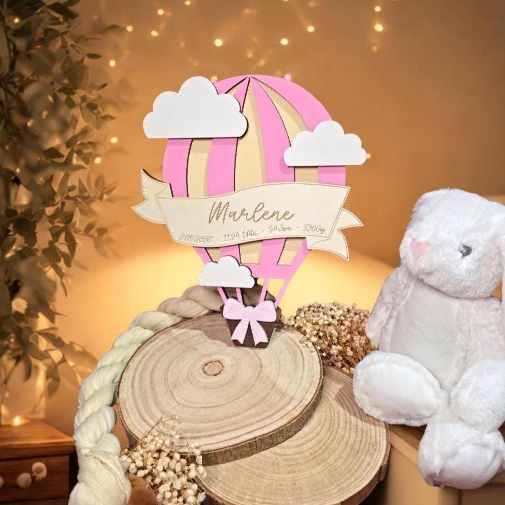 Personalisiertes Geburtsgeschenk | Heißluftballon Kinderzimmer Deko aus Holz | Babyzimmer Wanddeko mit Name & Geburtsdaten