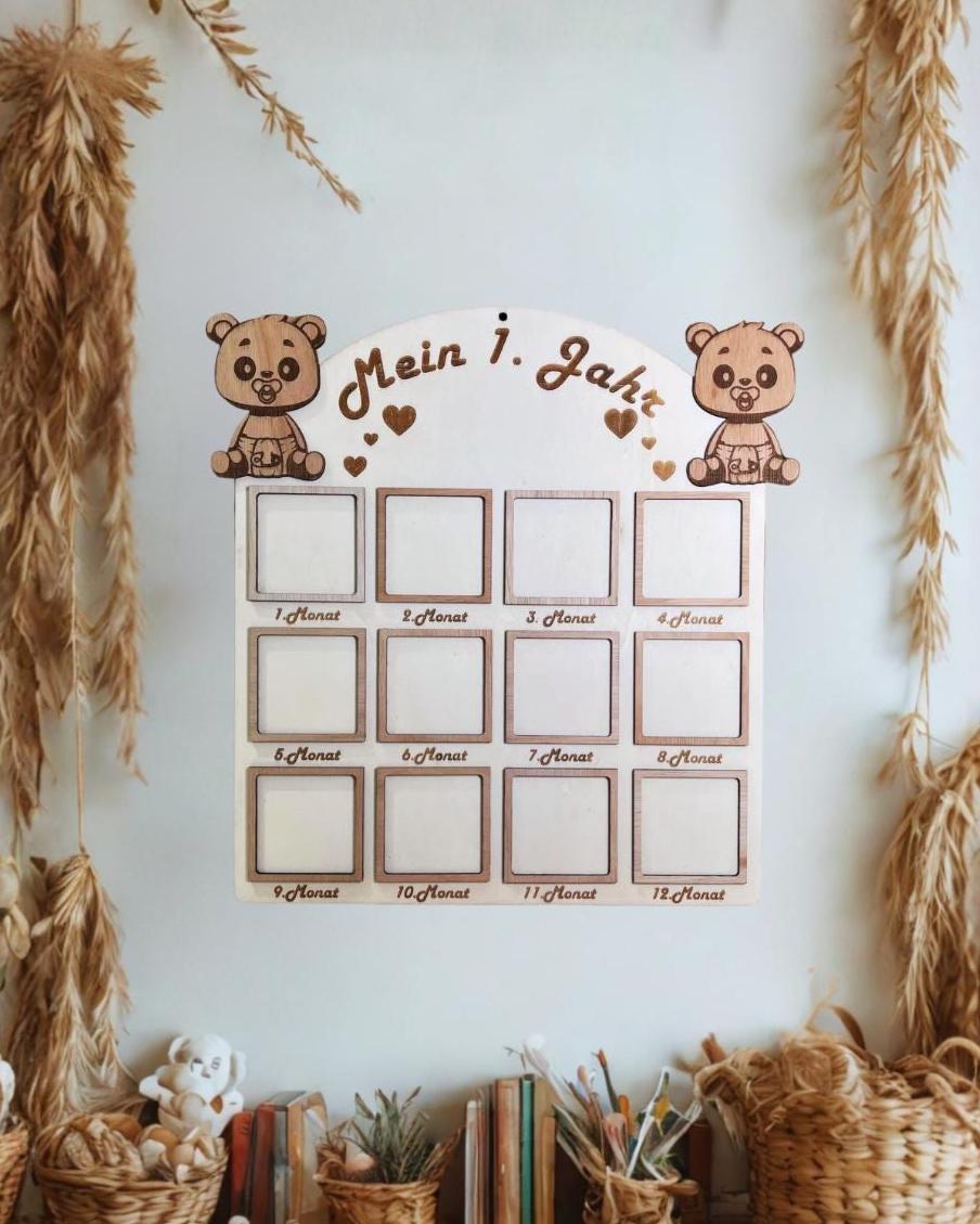 Mein erstes Jahr Holz personalisiert – Meilensteintafel Baby – Geburtsgeschenk personalisiert – Babygeschenk zur Geburt & 1. Geburtstag