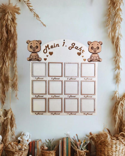 Mein erstes Jahr Holz personalisiert – Meilensteintafel Baby – Geburtsgeschenk personalisiert – Babygeschenk zur Geburt & 1. Geburtstag