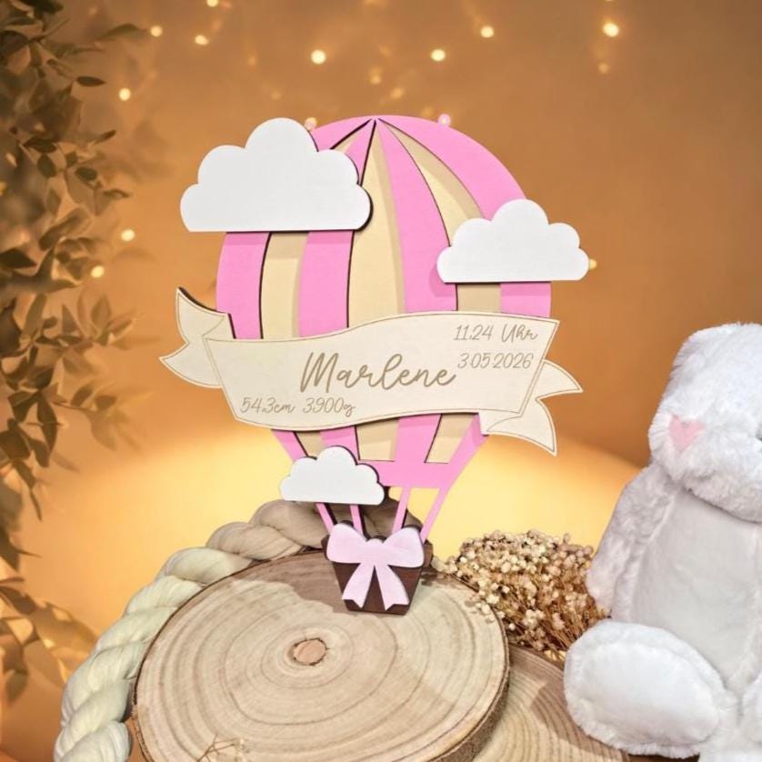 Personalisiertes Geburtsgeschenk | Heißluftballon Kinderzimmer Deko aus Holz | Babyzimmer Wanddeko mit Name & Geburtsdaten