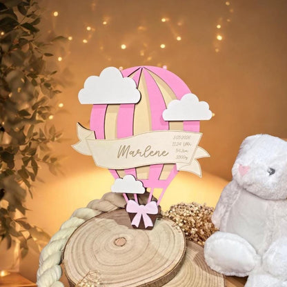 Personalisiertes Geburtsgeschenk | Heißluftballon Kinderzimmer Deko aus Holz | Babyzimmer Wanddeko mit Name & Geburtsdaten