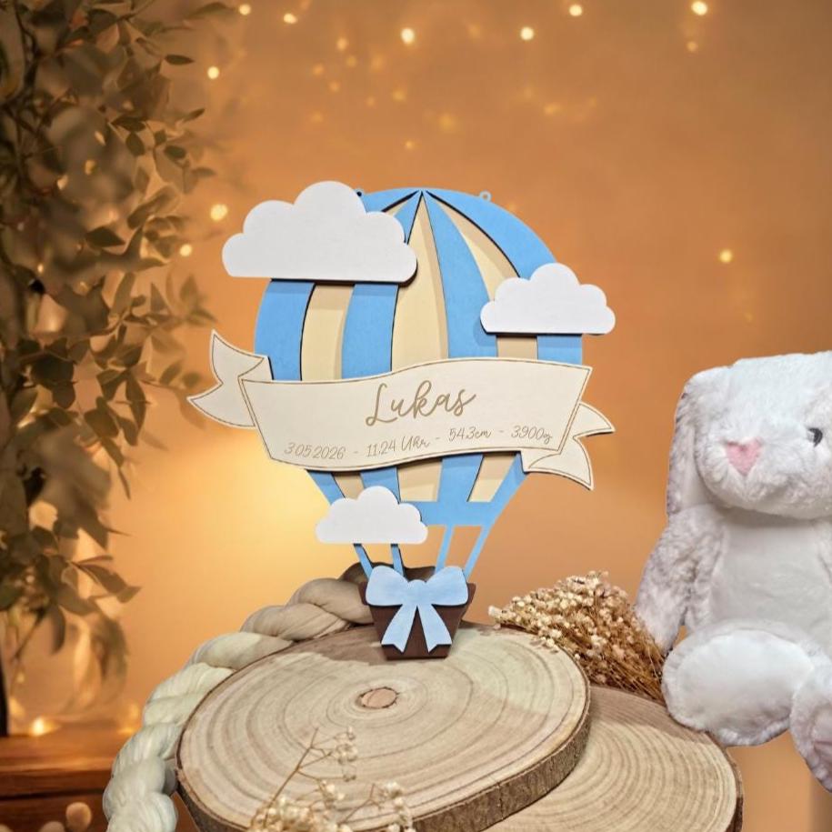 Personalisiertes Geburtsgeschenk | Heißluftballon Kinderzimmer Deko aus Holz | Babyzimmer Wanddeko mit Name & Geburtsdaten