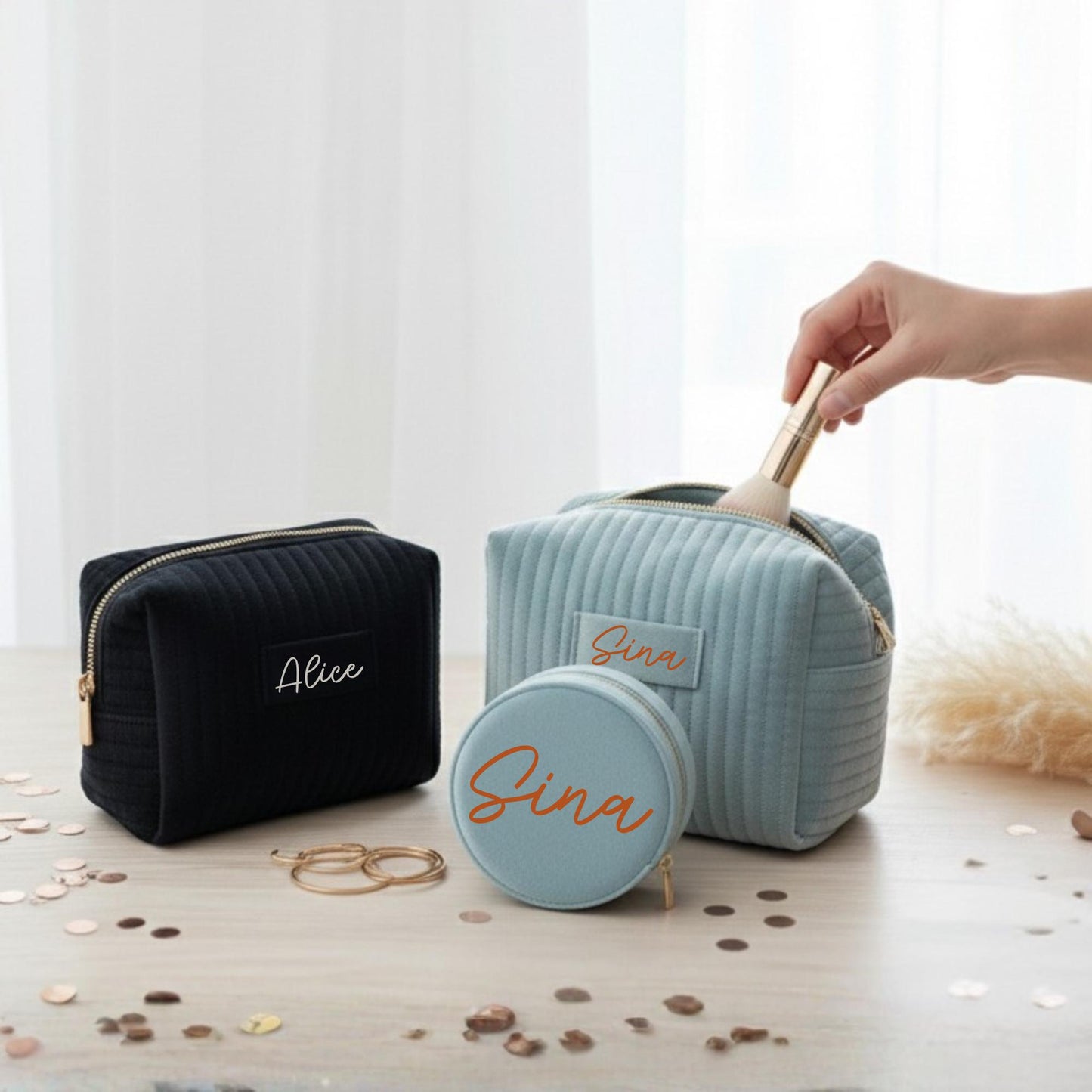Personalisierte Samt Kosmetiktasche | Brautjungfern Geschenk | Kulturbeutel Damen | Geschenk für Mama