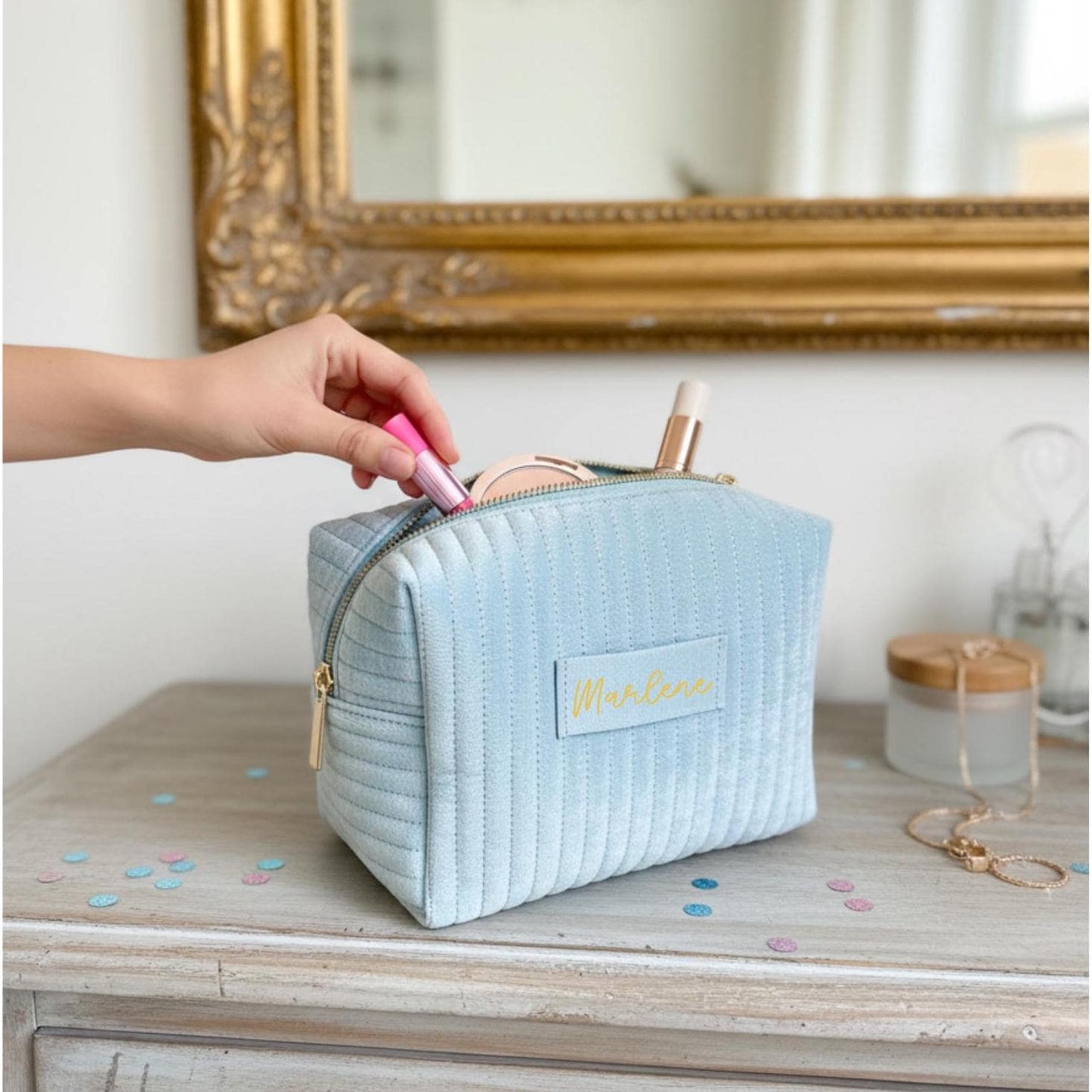 Personalisierte Samt Kosmetiktasche | Brautjungfern Geschenk | Kulturbeutel Damen | Geschenk für Mama