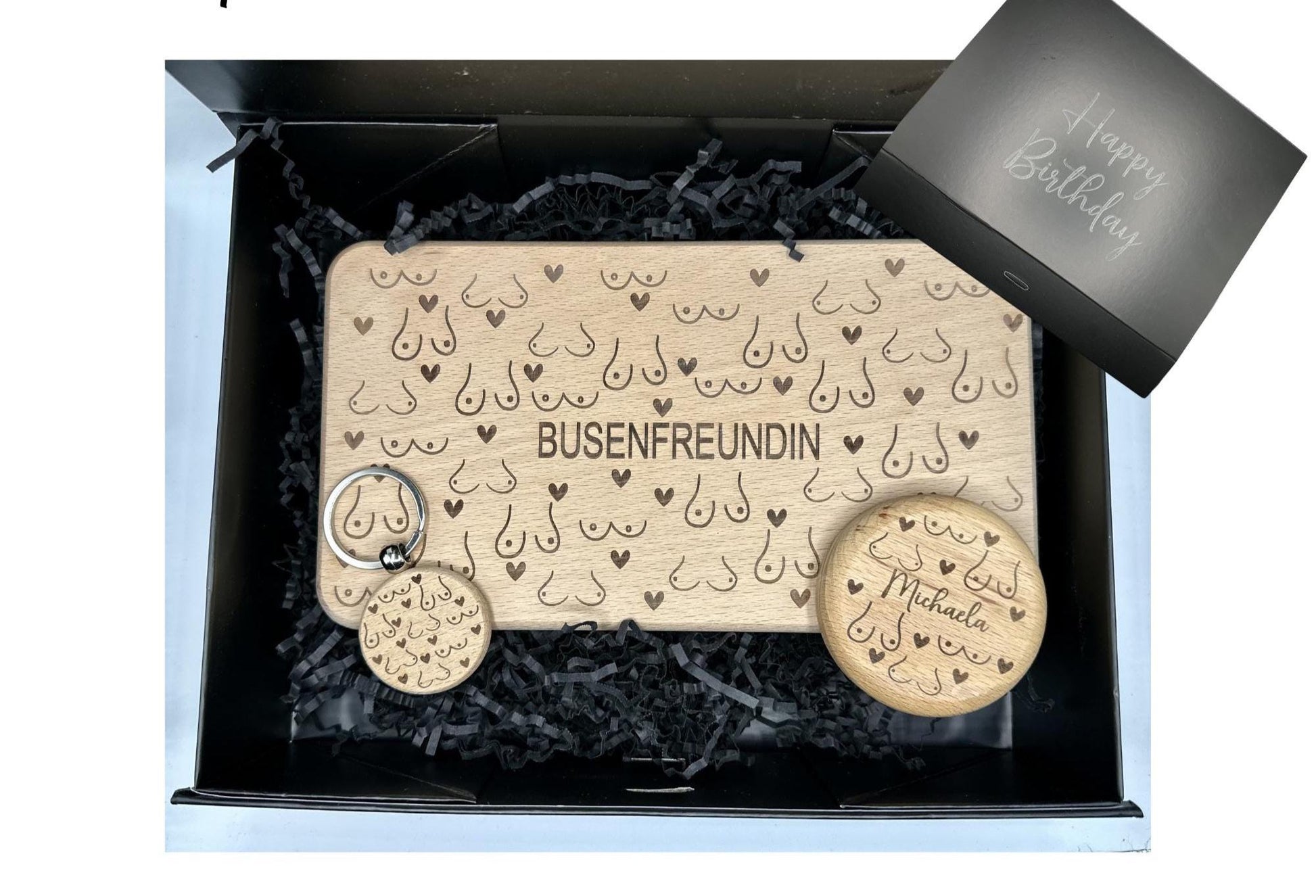 Schlüsselanhänger BUSENFREUNDIN personalisiert Holz – witziges Geschenk beste Freundin, JGA, Geburtstag, Gravur Name, Buche Handgemacht