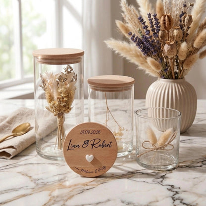 Hochzeitsgeschenk personalisiert – Vorratsglas mit Gravur – Geldgeschenk Hochzeit – Brautpaar Geschenk – Glas mit Namen & Datum