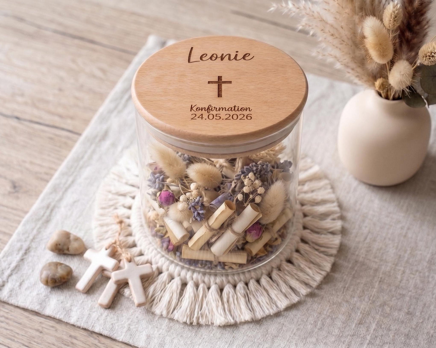 Personalisiertes Geldgeschenk Glas zur Firmung | Wunscherfüller mit Holzdeckel | Modernes Geschenk für Mädchen & Jungen Patenkind Erinnerung