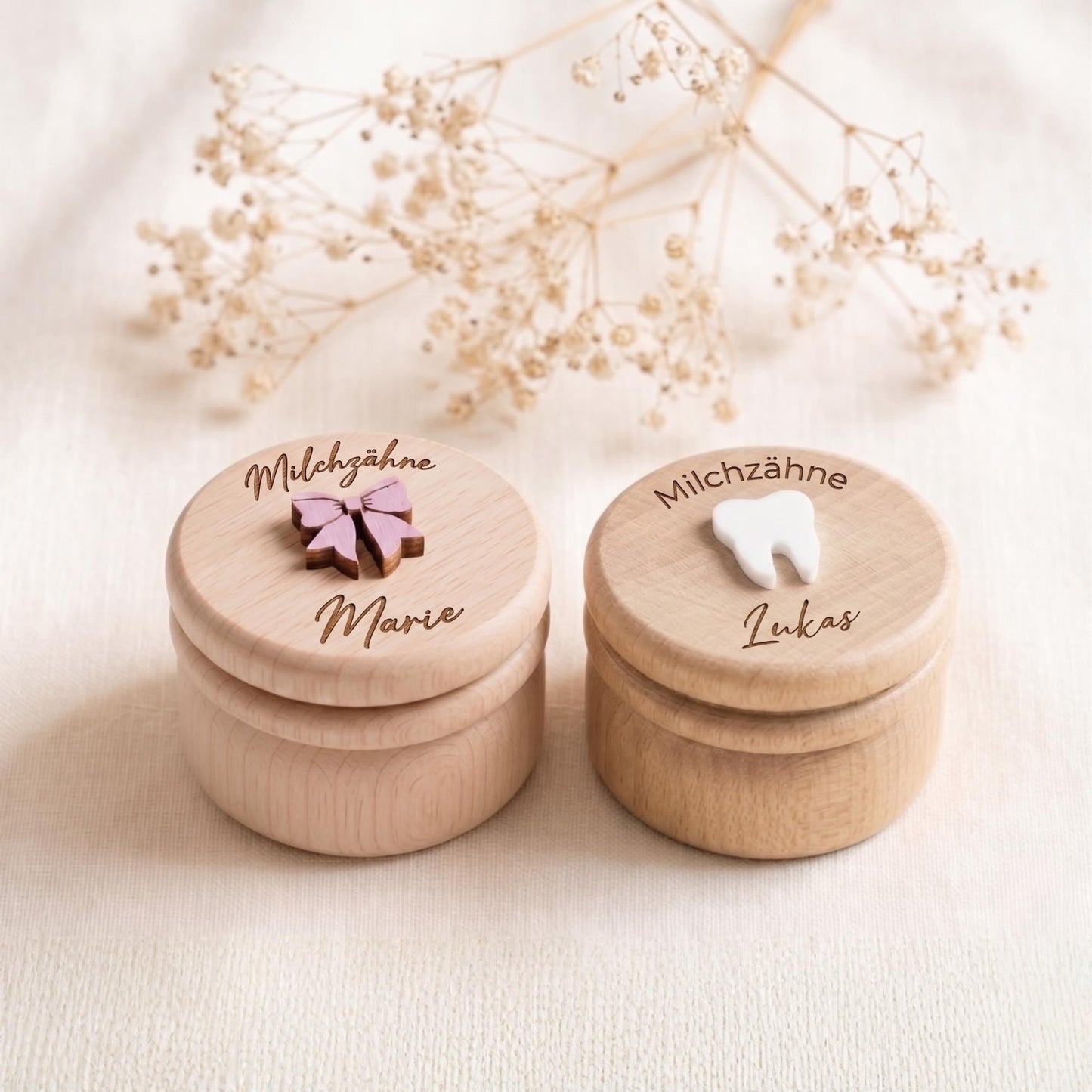 Milchzahndose & Erste Locke Dose personalisiert | Erinnerungsbox Baby aus Holz | Personalisiertes Taufgeschenk Mädchen | Babygeschenk