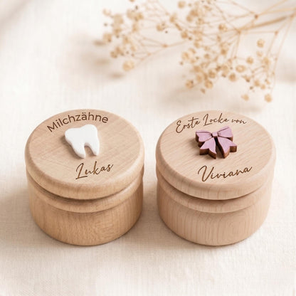 Milchzahndose & Erste Locke Dose personalisiert | Erinnerungsbox Baby aus Holz | Personalisiertes Taufgeschenk Mädchen | Babygeschenk