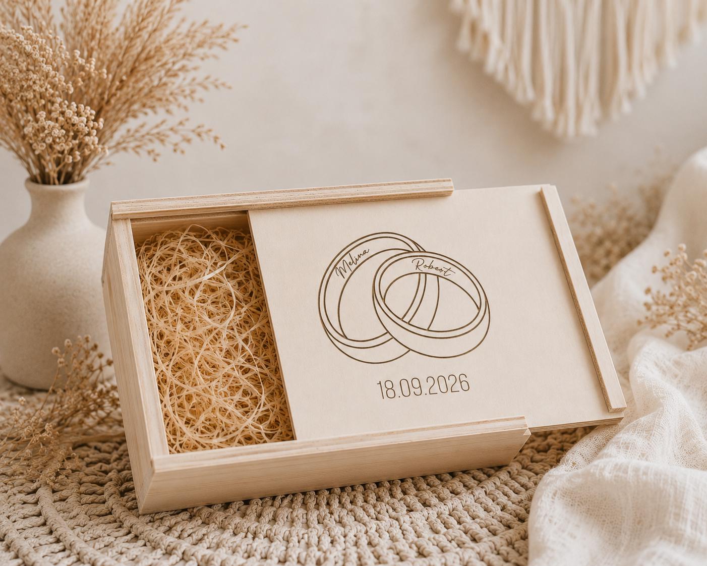 Personalisierte Hochzeitsbox aus Holz – Erinnerungskiste mit Gravur – Hochzeitsgeschenk für Brautpaar – Boho Wedding Keepsake Box