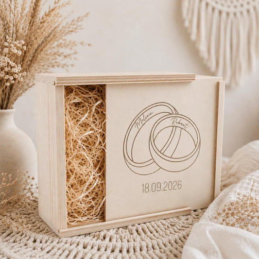Personalisierte Hochzeitsbox aus Holz – Erinnerungskiste mit Gravur – Hochzeitsgeschenk für Brautpaar – Boho Wedding Keepsake Box