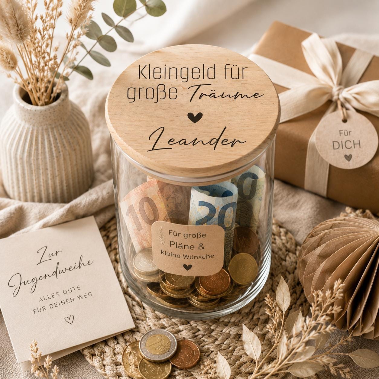 Geldgeschenk Jugendweihe Glas – Kleingeld für große Träume | Jugendweihe Geschenk Mädchen Junge | Sparglas personalisiert