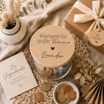 Geldgeschenk Jugendweihe Glas – Kleingeld für große Träume | Jugendweihe Geschenk Mädchen Junge | Sparglas personalisiert